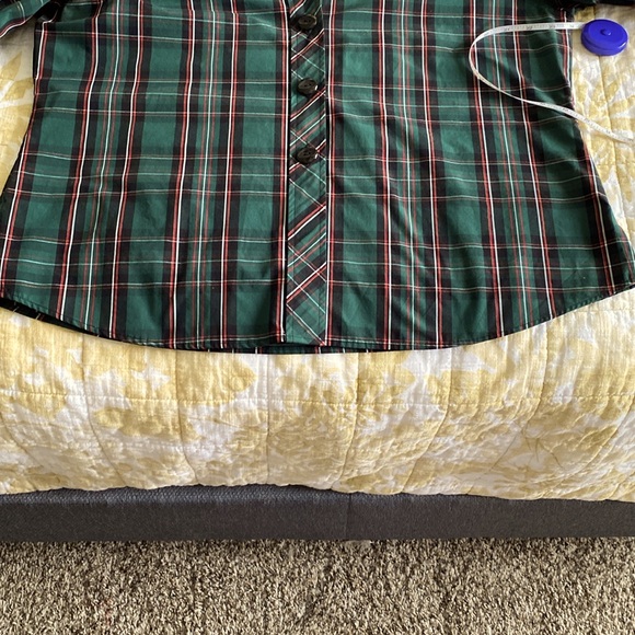 Beautiful tartan 3/4 sleeve button down shirt with gold thread XL EUC HOLIDAY - Picture 4 of 16